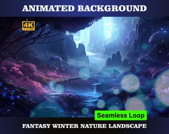 Op de afbeelding: Geanimeerde achtergrond met een fantastisch winterlandschap met een rivier, watervallen en gloeiende bollen. De achtergrond is donkerblauw met paarse en roze accenten. De tekst "Seamless Loop" wordt in groen weergegeven.
