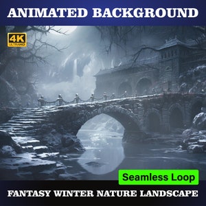ANIMATED BACKGROUND | Snow-Covered Ancient Stone Bridge Over Misty Frozen River. 4K Looping Video Winter Background.
