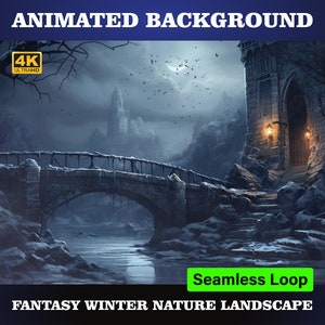 ANIMATED BACKGROUND | Ancient Bridge Blanketed in Snow Over a Mysterious Frozen Riverbed. 4K Looping Video Winter Background.