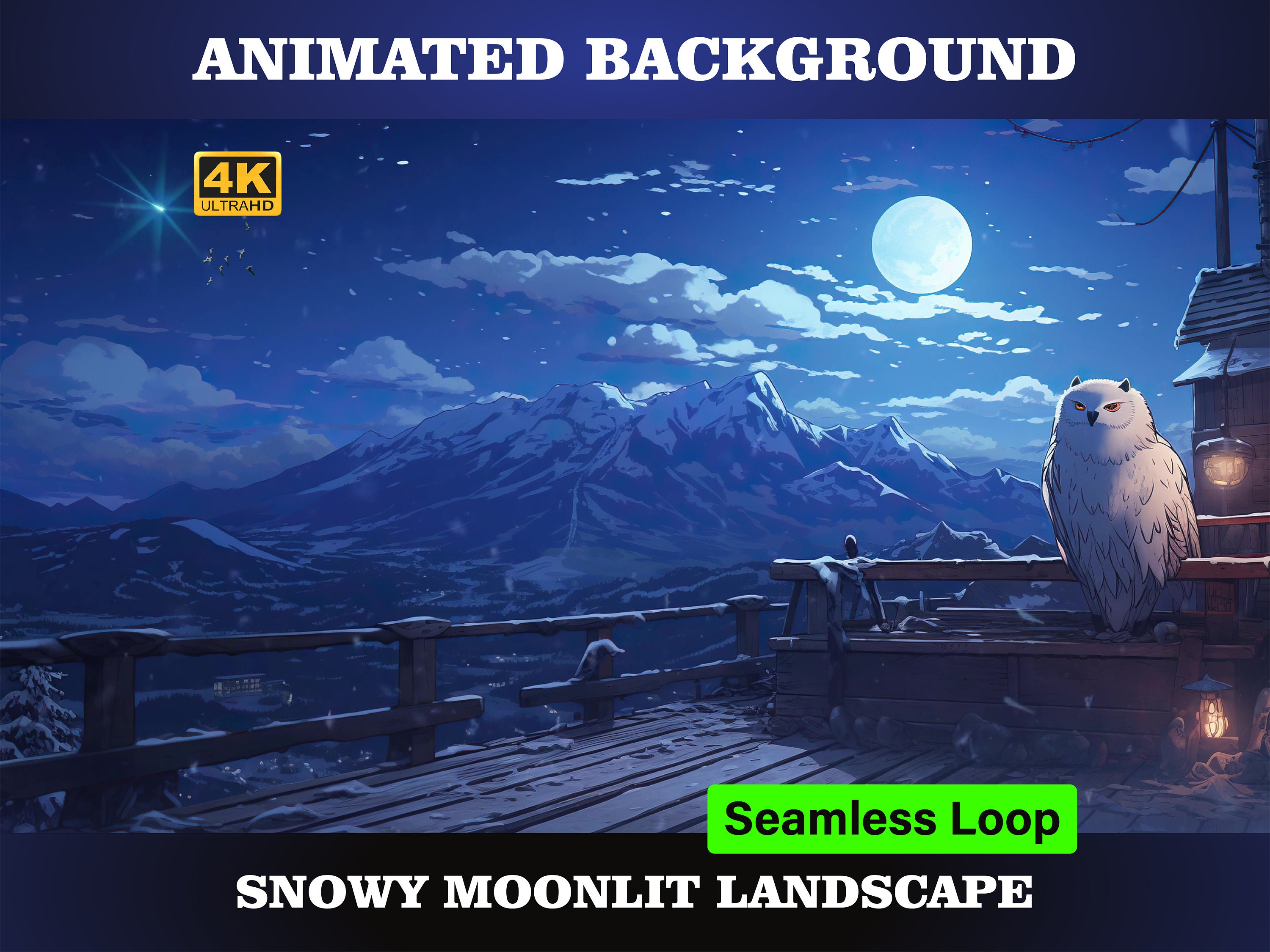 ANIMATED BACKGROUND | Night Scene: Snowy Owls with Twinkling Stars in Indigo Sky. 4K Animated Loopin