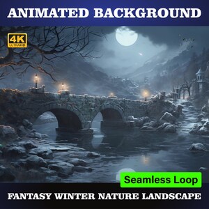 ANIMATED BACKGROUND | Majestic Stone Bridge Draped in Snow Across Icy River with Rising Mist. 4K Looping Video Winter Background.