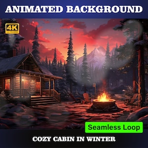 ANIMATED BACKGROND | Snowy Retreat: Secluded Cabin with Pine Tree Surroundings. 4K Seamless Looping Video Background.