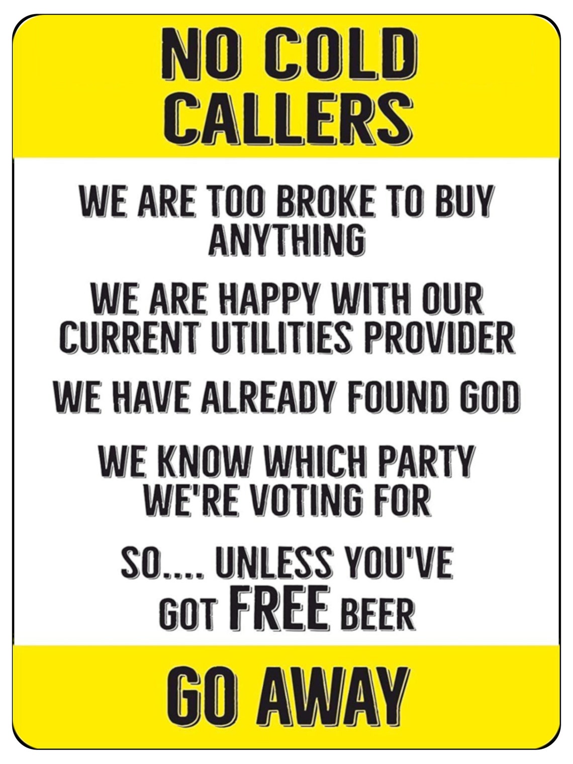 1095 NO COLD CALLERS Funny Metal Aluminium Plaque Sign Door Etsy UK 1095 NO COLD CALLERS Funny Metal Aluminium Plaque Sign Door Etsy UK