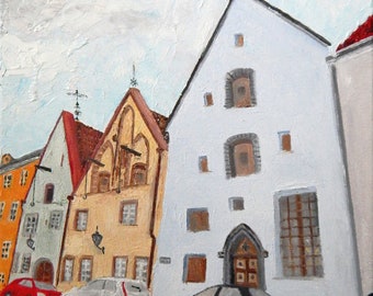 Cityscape original oil hand made painting Old town Tallinn ,color street, urban ketches, meditation painting 15.75 x 11.81 inch