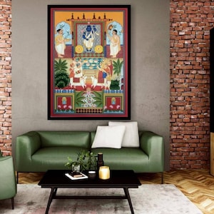 Pichwai Painting Shreenathji Darshan with Gopis and Cows Indian art Hand painted on cloth.