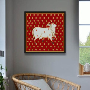 Tableau vache Pichwai : décoration murale indienne (40 x 15 po.)