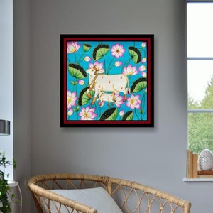 Tableau vache Pichwai : art indien, décoration murale pour maison (40 x 40 cm)