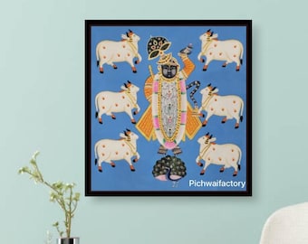 Pichwai Painting of krishna with cows handpainted on cloth