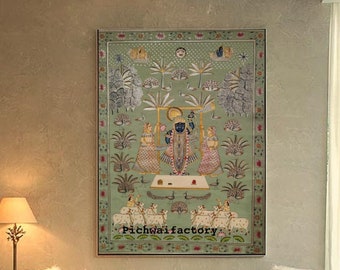 Pintura antigua de Pichwai Shreenathji Darshan Arte indio Pintado a mano sobre tela.