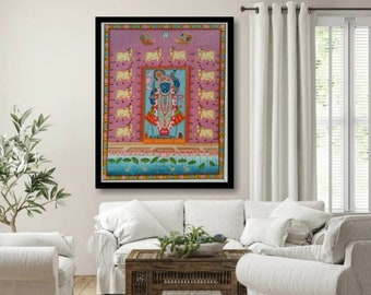 Shreenathji Pichwai Handmalerei: Indische Kunst, Home Decor 92x128 cm