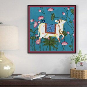 Tableau vache Pichwai : art indien, décoration murale pour maison (40 x 40 cm)