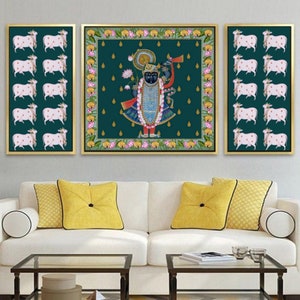 Conjunto de 3 Pichwai pintura de shrinathji con vacas para la decoración del hogar arte indio