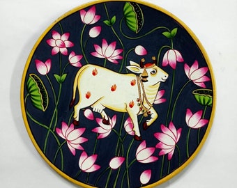Pichwai Hand Painted Wooden Plates For Home Decoration Kamal Talai Cow Painting