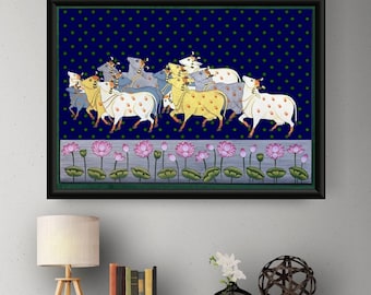 Custom Cow Pichwai Painting: 48x36 Indian Art with Gold