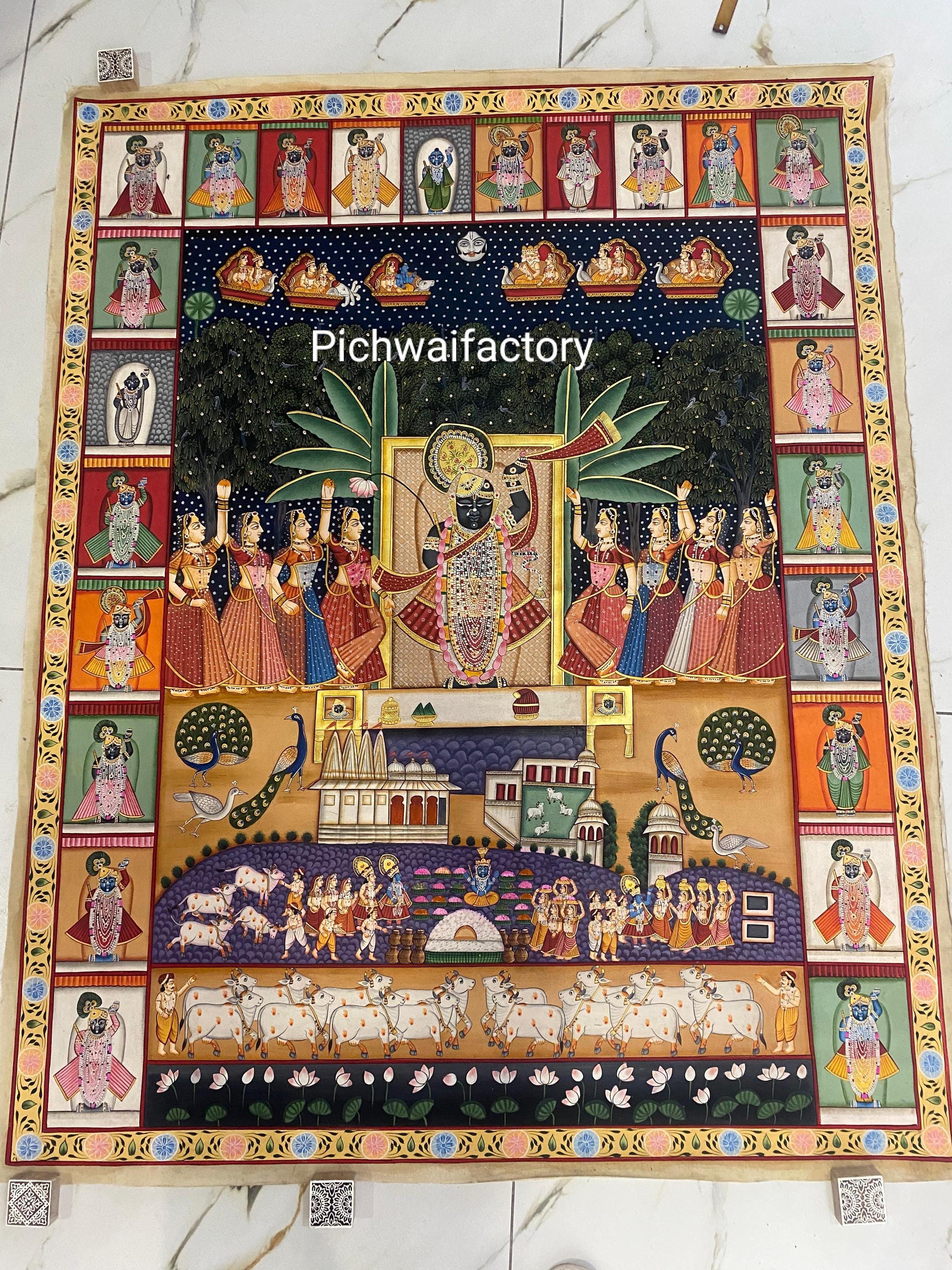 Shrinathji Pichwai 絵画: 24K ゴールドの手描きインディアンアート