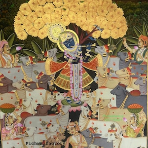 Pichwai Painting Shreenathji Darshan with Peacock Indian art Hand painted on cloth.
