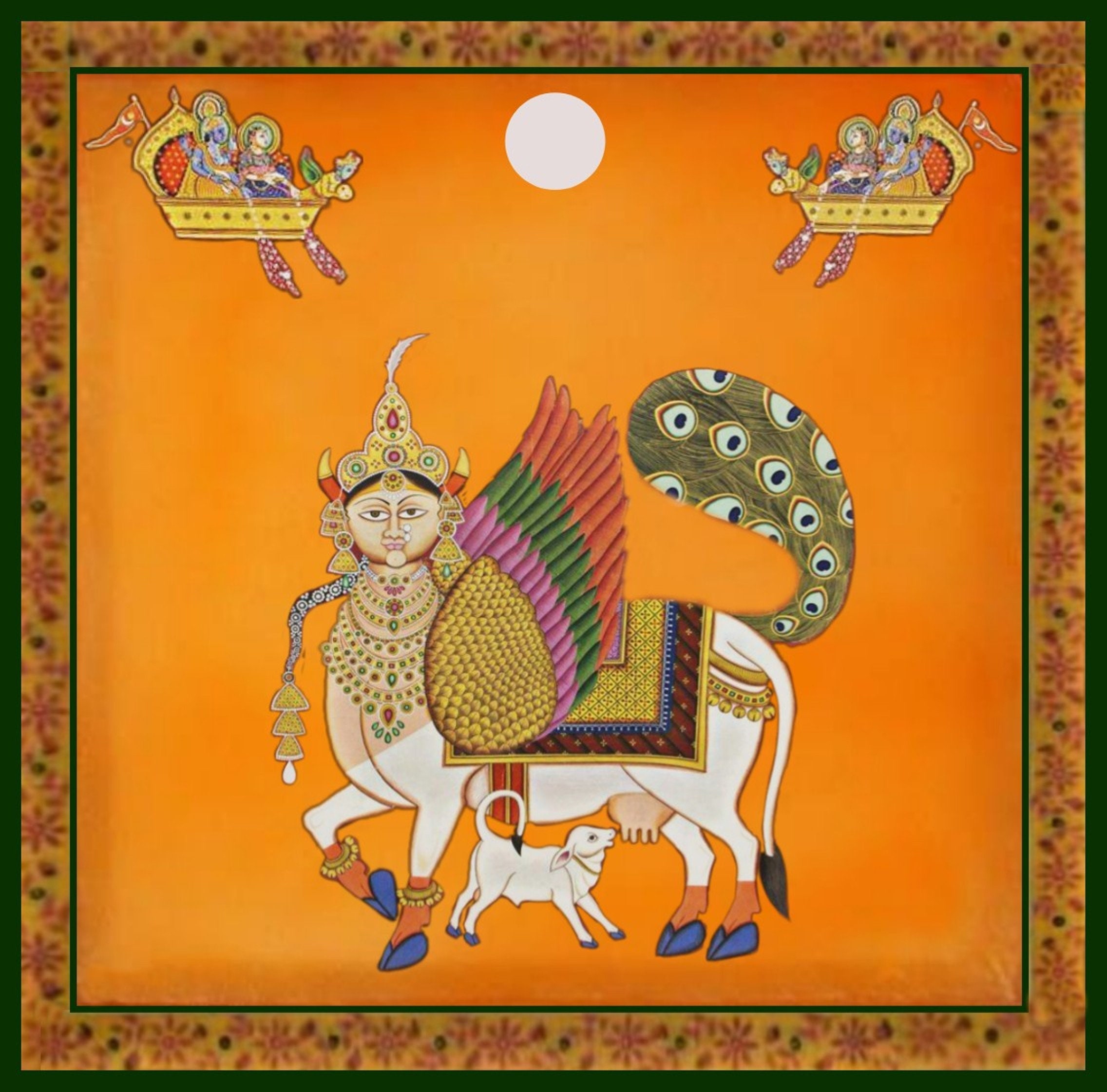 Pichwai Painting of Kamdhenu Handpainted on Cloth Decorative Art Work