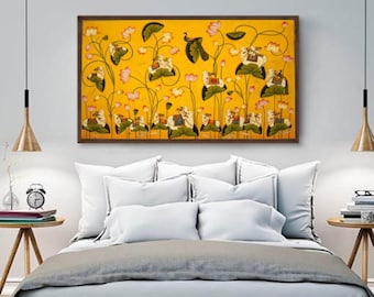 Kamal Talai Pichwai Painting: Cows & Lotus Pond Art
