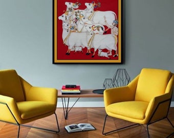 Cow Pichwai Painting, Traditional Indian Art on Cotton