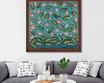May include: A framed painting of a blue background with pink and white lotus flowers and green leaves. The painting is in a brown frame.