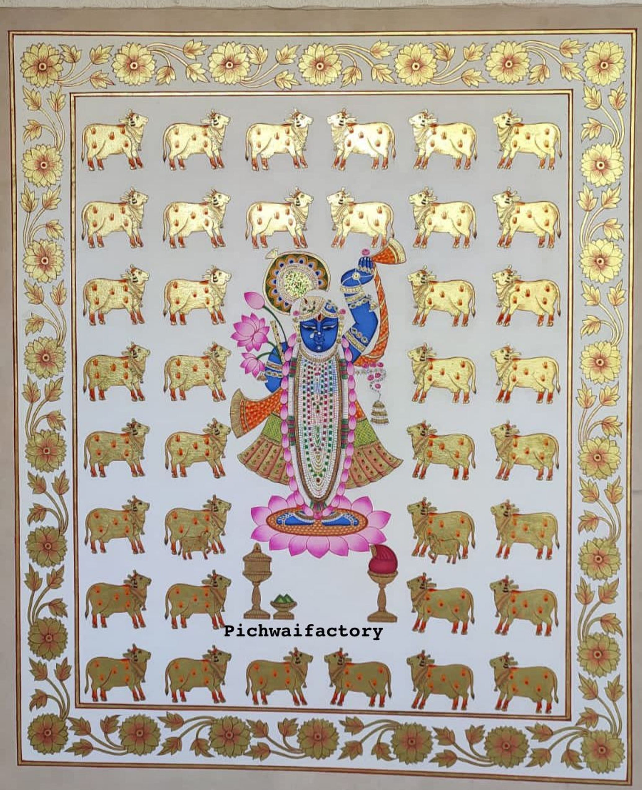 ☆ちゃと☆アウガルテン シロノワズリ Handpainted 貴重 Pichwai Painting Darshan of Shrinathji Real Gold Foil Work Hand