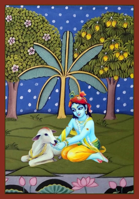 Krishna Lord Painting Love Cows With Tree Hand Painted on - Etsy Canada Krishna Lord Painting Love Cows With Tree Hand Painted on - Etsy Canada