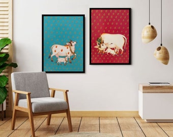 Set of 2 Pichwai Hand Painted Decorative Cow Painting