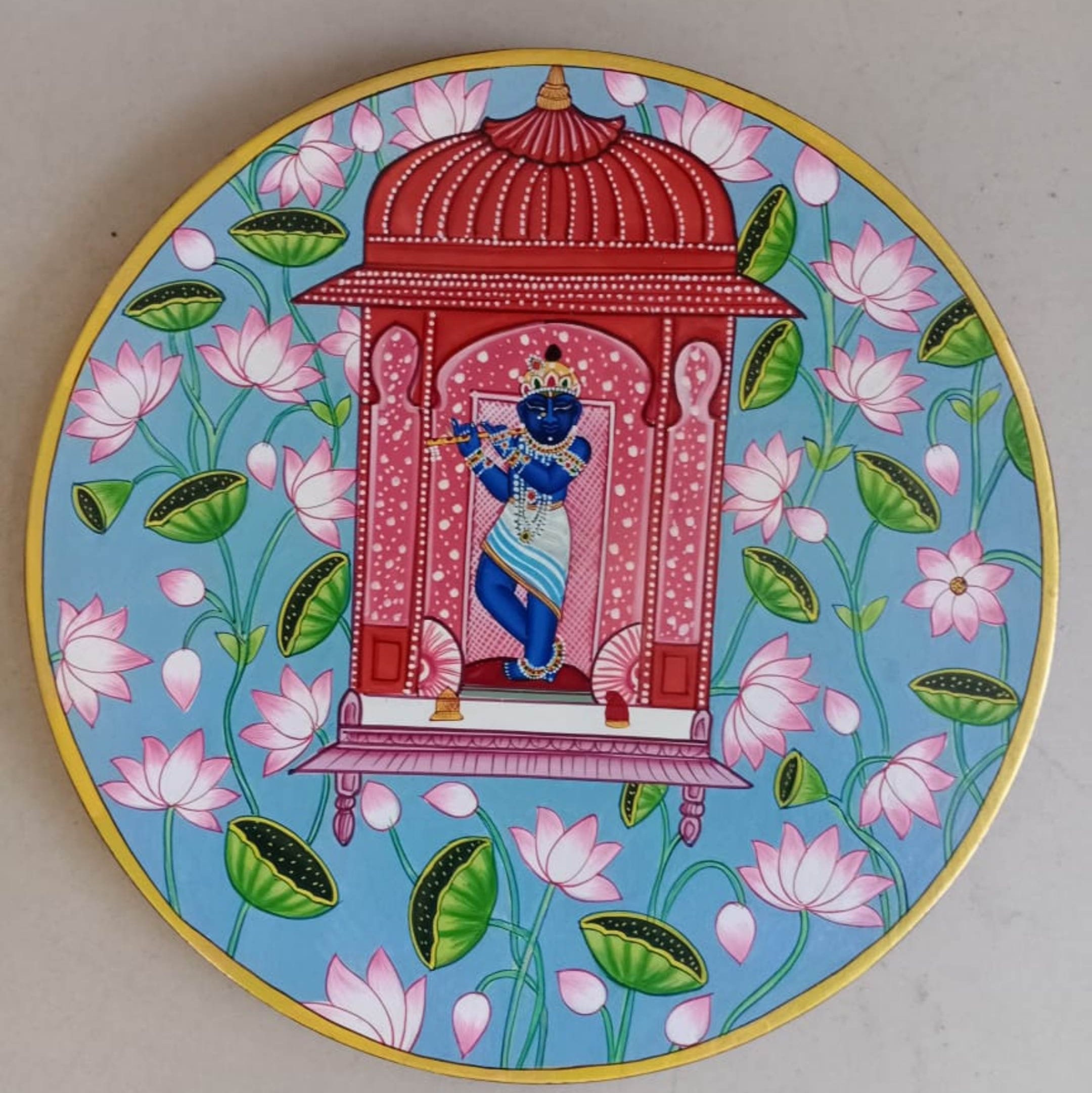 Wooden Decorative Plates Hand Painted Pichwai Style on Wood Plate