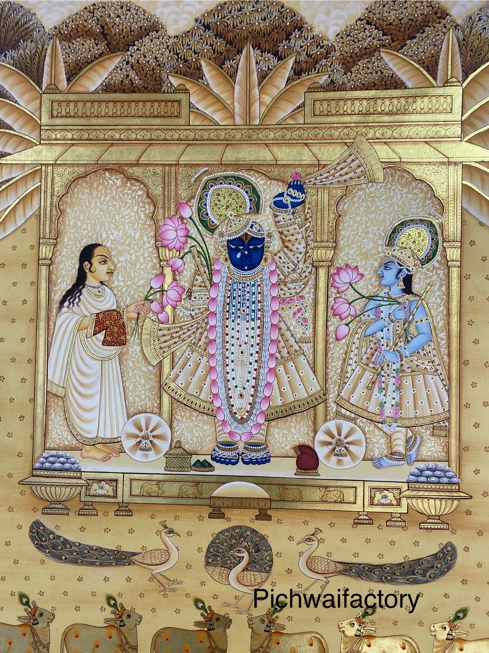Gold Foil Shrinathji Pichwai Painting: Hand-painted Indian Art (54