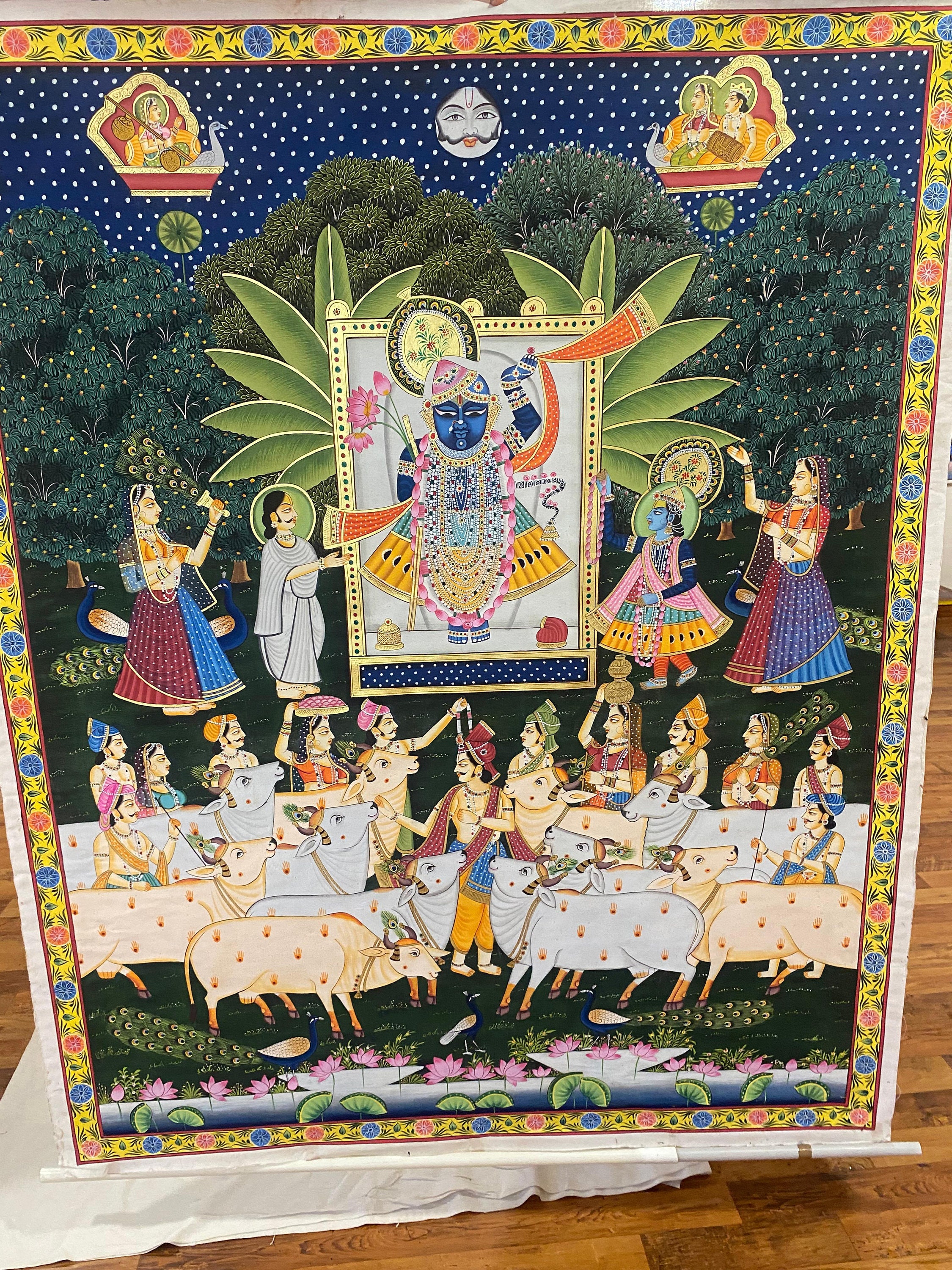 ☆ちゃと☆アウガルテン シロノワズリ Handpainted 貴重 24 Ct Gold Foil Pichwai Painting Shreenathji Darshan Indian Art