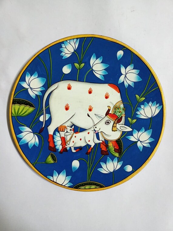Pichwai Cow Design Engraved Wall Plate Base With Frame