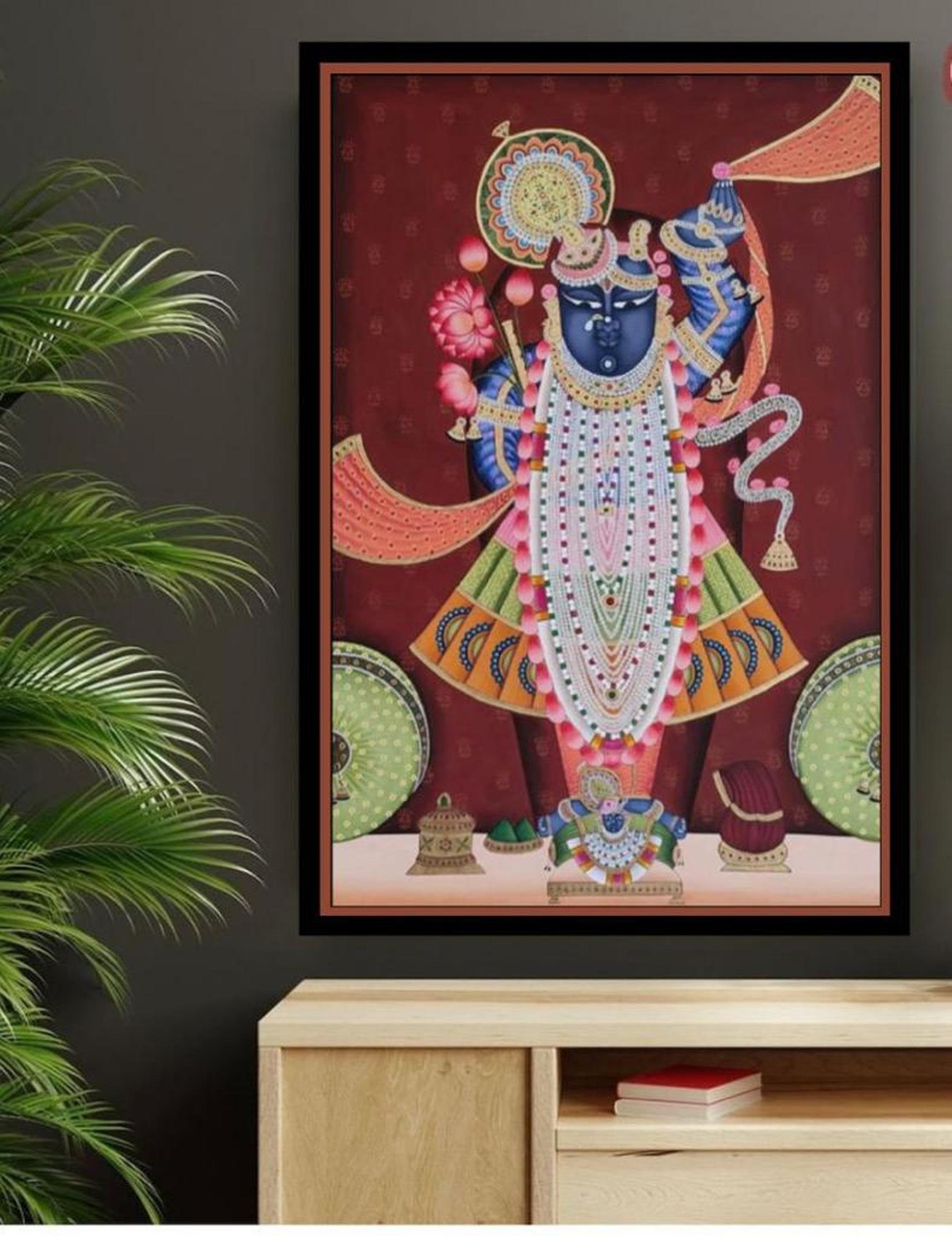 ☆ちゃと☆アウガルテン シロノワズリ Handpainted 貴重 Pichwai Painting of Shrinathji Darshan Indian Art Home Decor Wall
