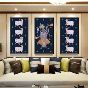 Set of 3 Pichwai Hand Painted Decorative Cow and shrinathji Painting