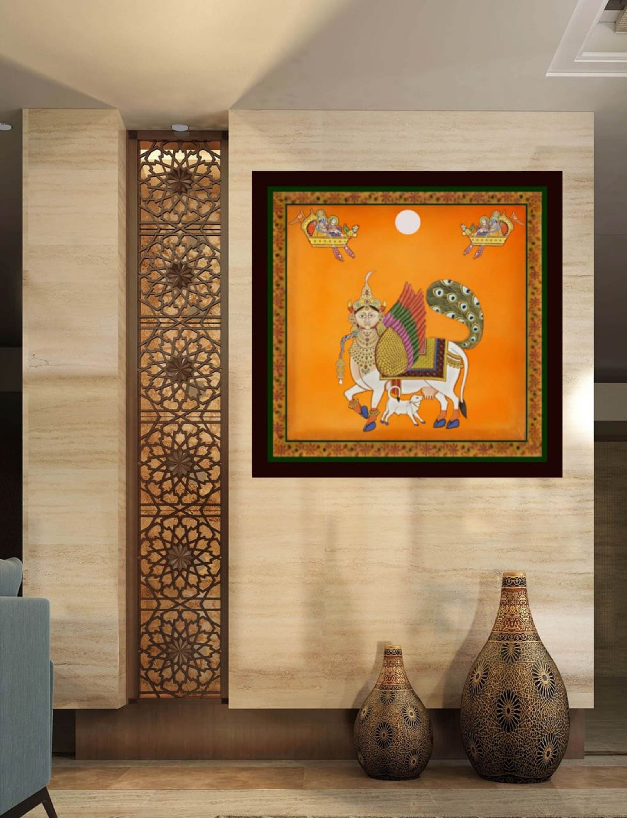 Pichwai Painting of Kamdhenu Handpainted on Cloth Decorative Art Work