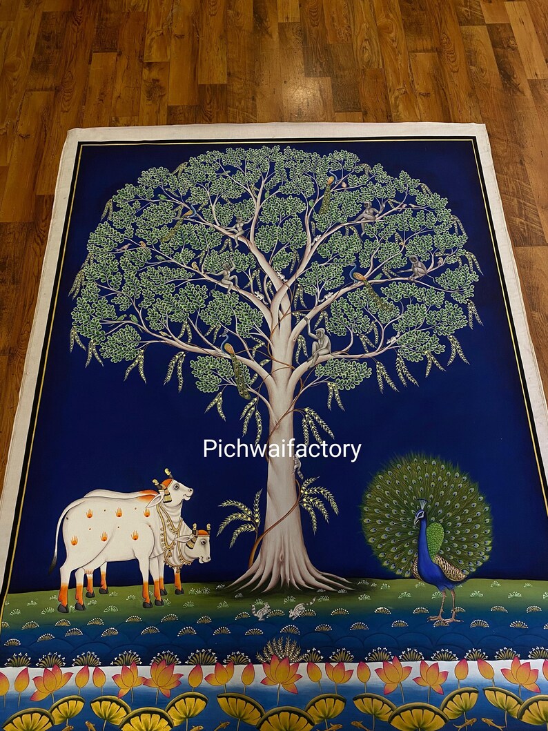 Tree of Life Pichwai Painting: Indian Folk Art With Cows & 24ct Gold - Etsy