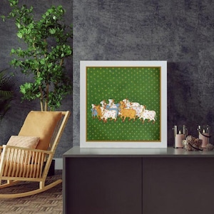 Peinture vache Pichwai : oeuvre d&#39;art murale indienne sur coton (12 x 12)