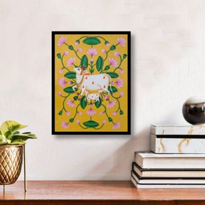 Tableau vache Pichwai : art indien, décoration murale pour maison (12 x 18 pouces)