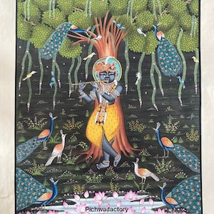 Pichwai Painting Lord Krishna Indian Art Hand painted on cloth.