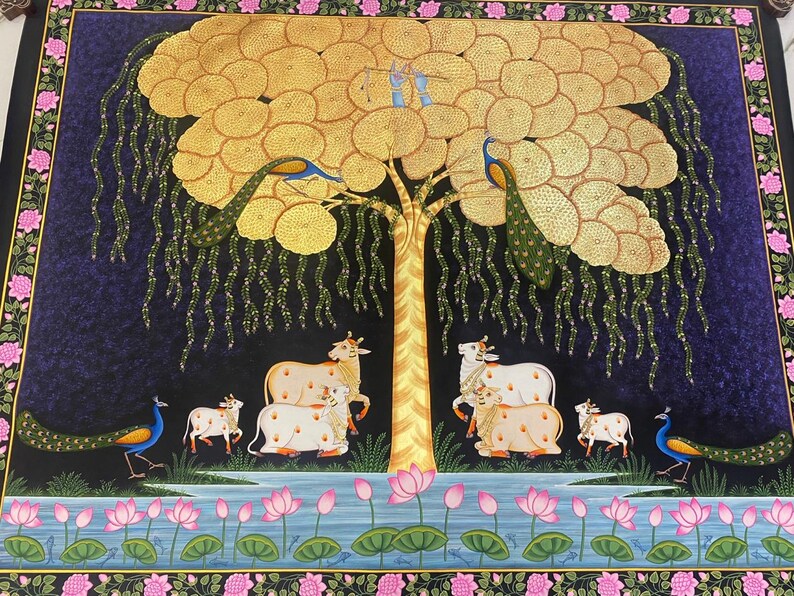 Tree of Life Pichwai Painting: Indian Folk Art With Cows & 24ct Gold - Etsy