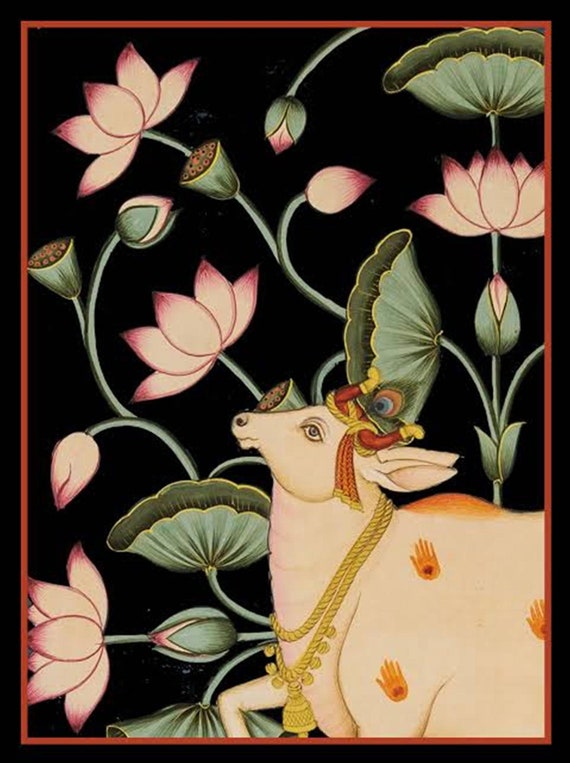 Indian Painting Pichwai Art Kamal Talai With Scared Cows Stone Etsy