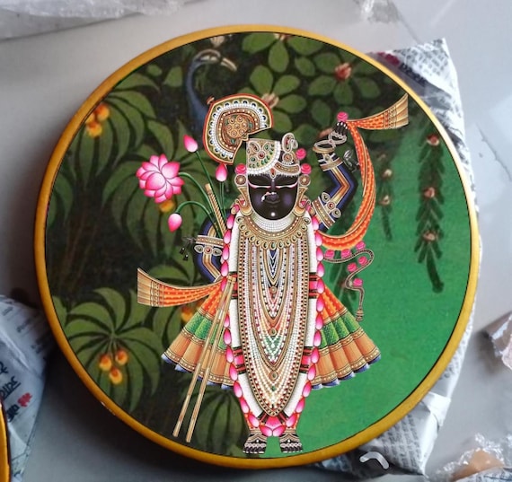 Hand-Painted Shrinathji Pichwai Wooden Plate Indian Home Decor (10x10  Inches)