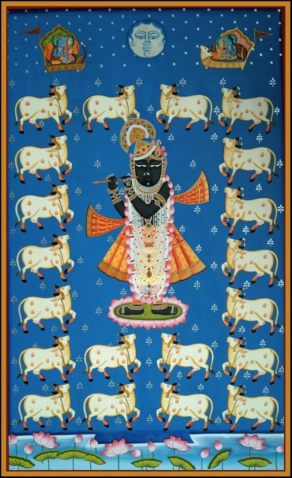 Pichwai Painting Darshan of Shrinathji Hand Painted on Cloth Home