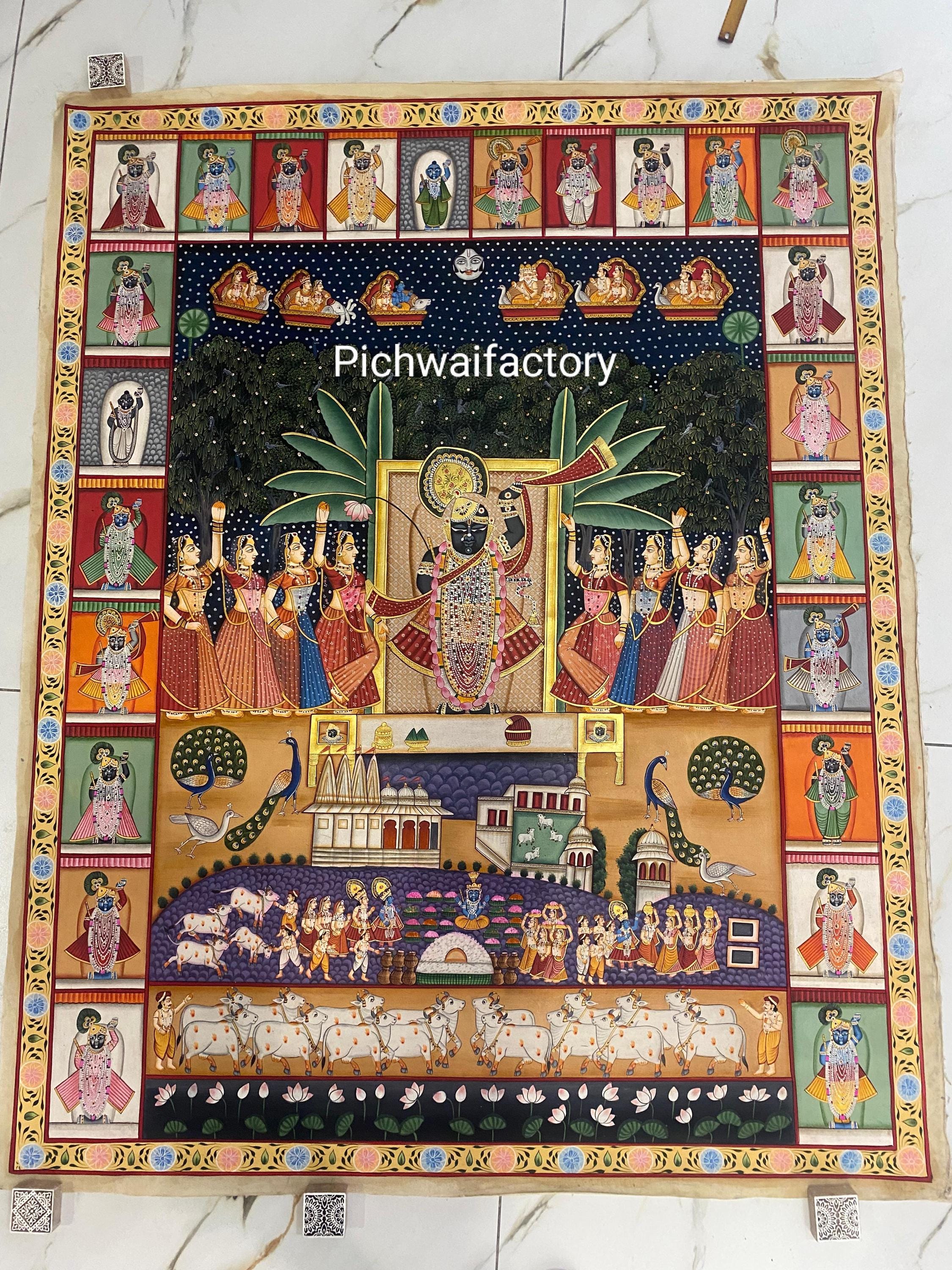 Shrinathji Pichwai 絵画: 24K ゴールドの手描きインディアンアート