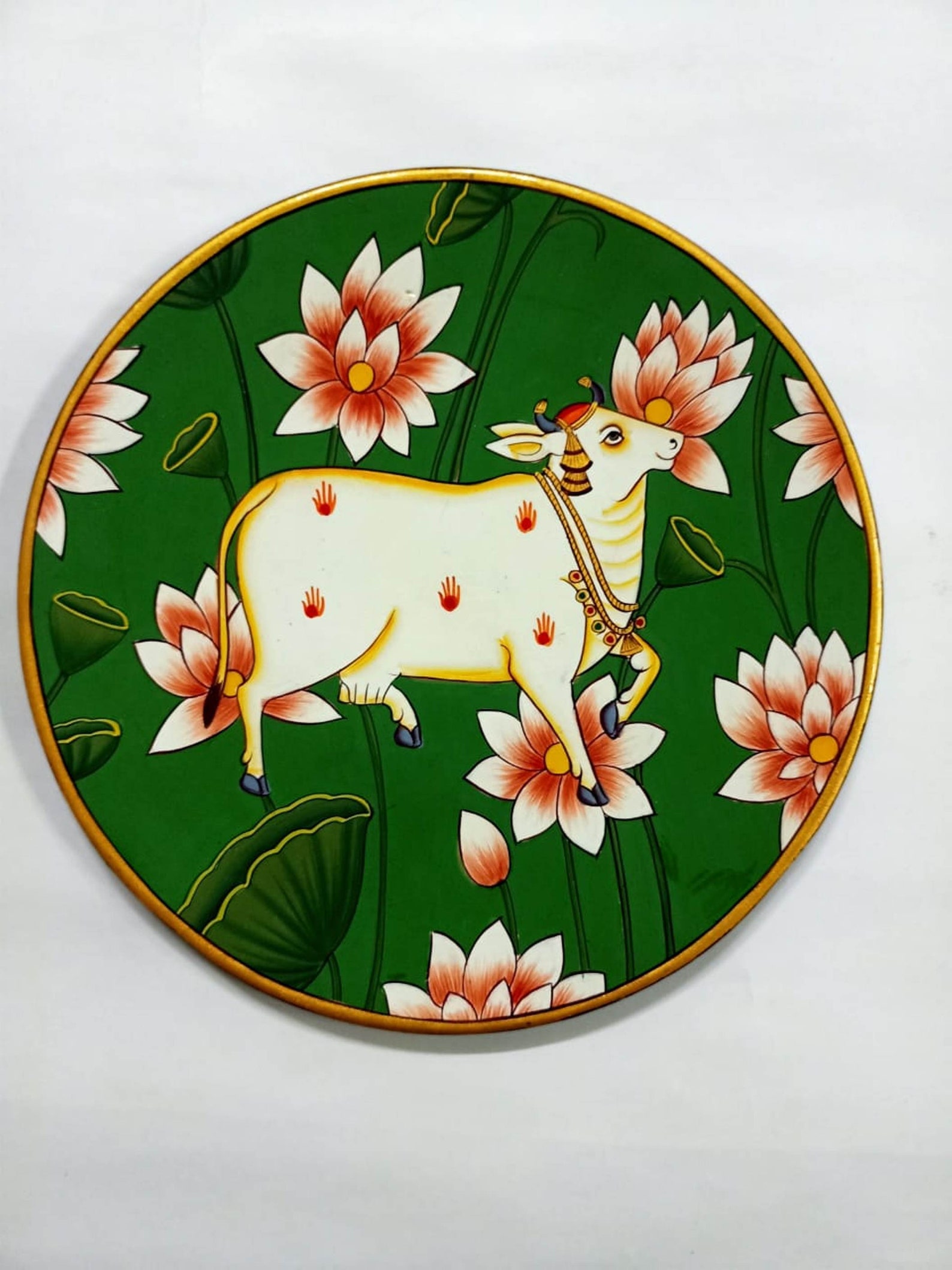 Pichwai Cow Design Engraved Wall Plate Base With Frame Right Face