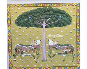 Pichwai Painting of Kamdhenu Handpainted on cloth decorative art work