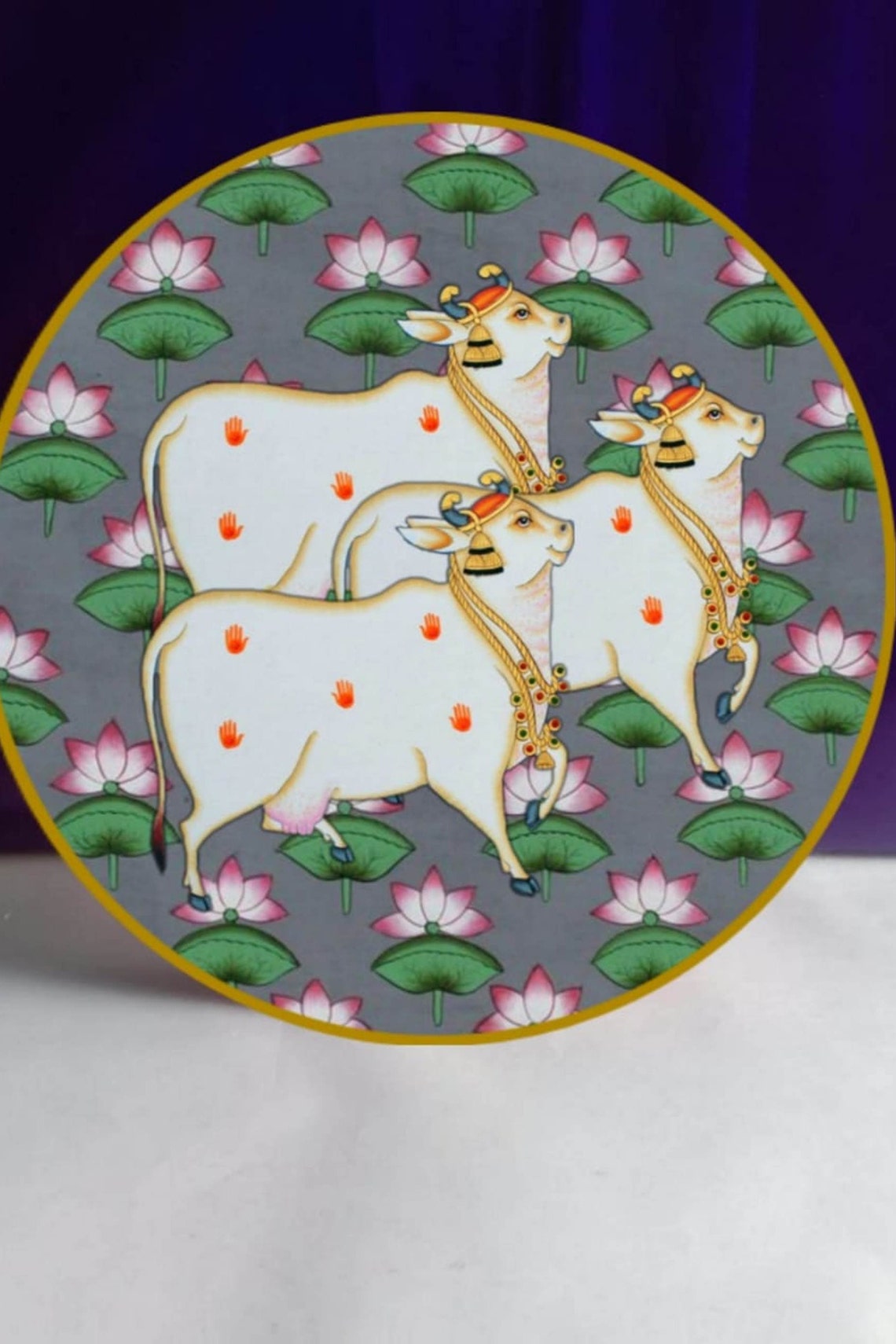 Pichwai Cow Design Engraved Wall Plate Base With Frame main image 1