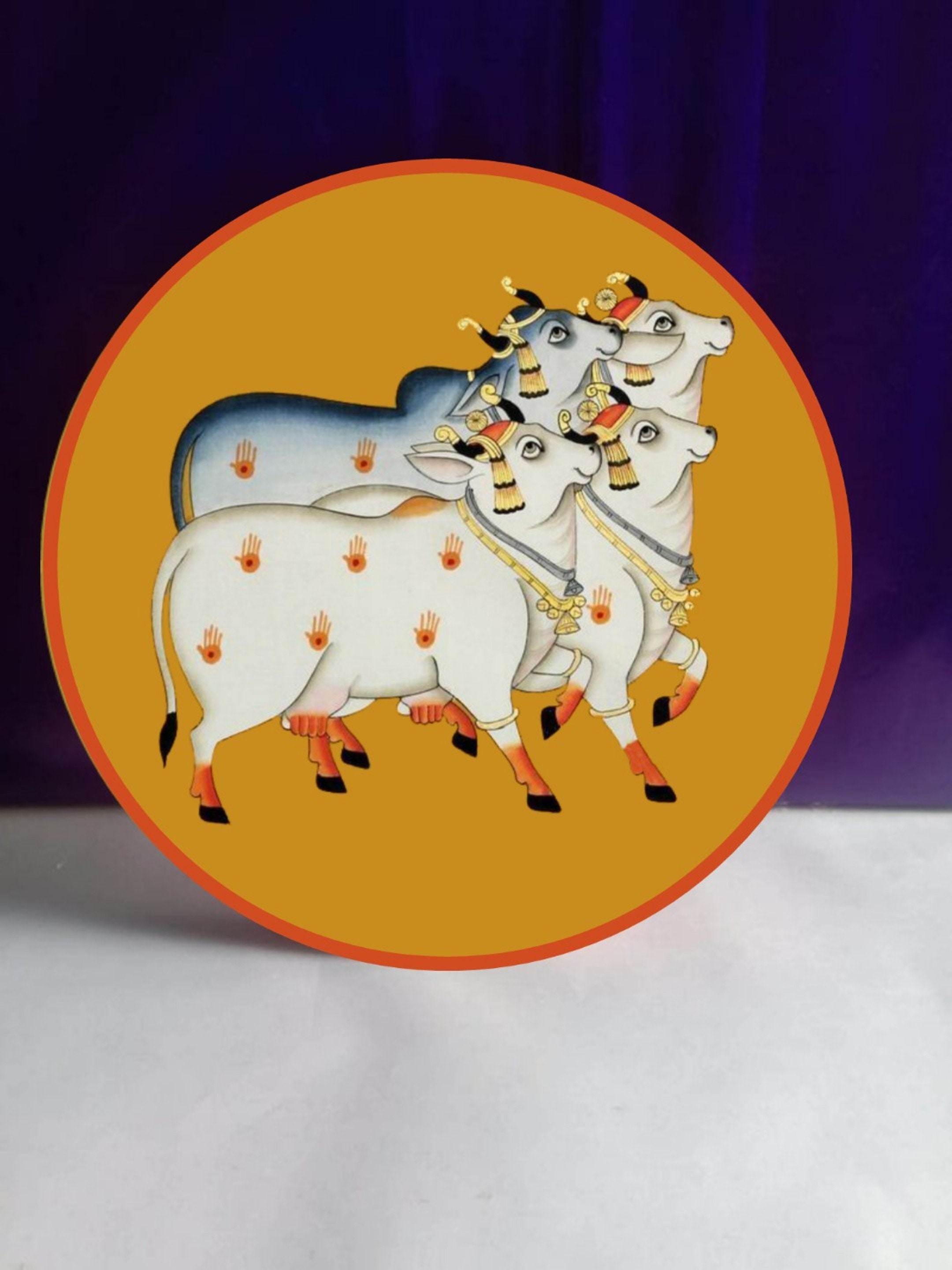 Wooden Pichwai wall plate Style hanging decorative cow with kamal talai