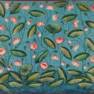 May include: A painting of a blue background with pink and white lotus flowers and green leaves. The flowers are in various stages of bloom, with some buds and some fully open. The leaves are large and round, with some overlapping.