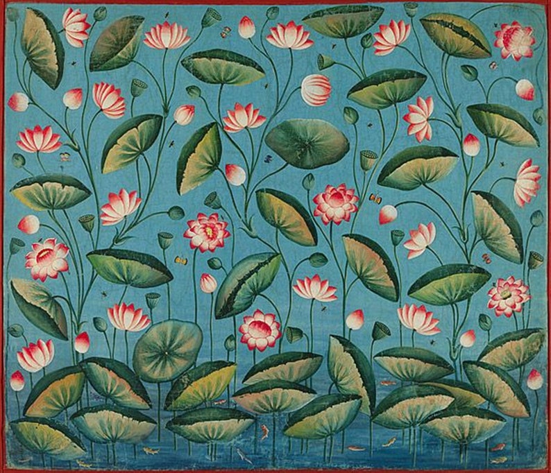May include: A painting of a blue background with pink and white lotus flowers and green leaves. The flowers are in various stages of bloom, with some buds and some fully open. The leaves are large and round, with some overlapping.