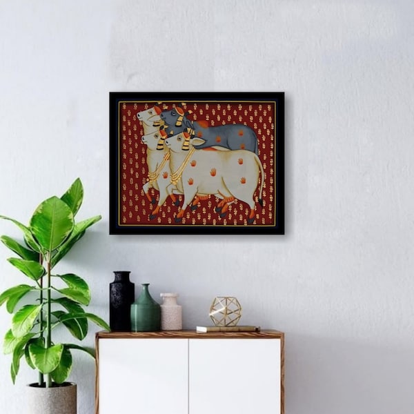 Pichwai painting of cow with kamal talai hand painted on cloth